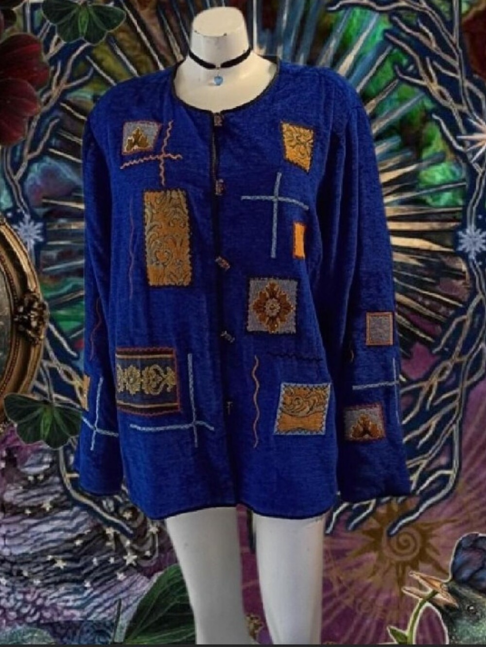 VTG Indigo Moon Royal Blue Embroidered Patchwork Jacket W/ Art Glass Buttons 2XL